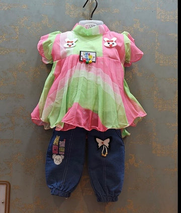 Green pink top with denim 3/4th set