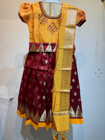 Art silk yellow top ,brown bottom  pavadai sattai