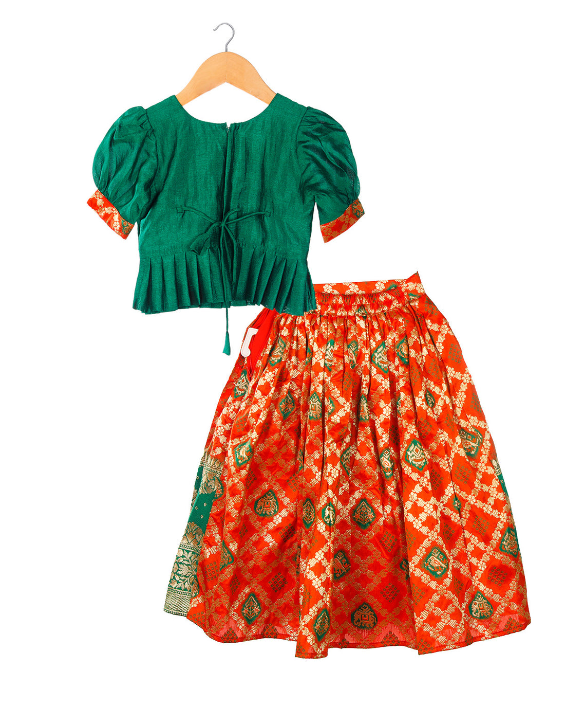 Green with orange ethnic embroidery top with bottom sik lehanga