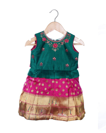 Dark green with pink embroidery sleeveless traditional frock