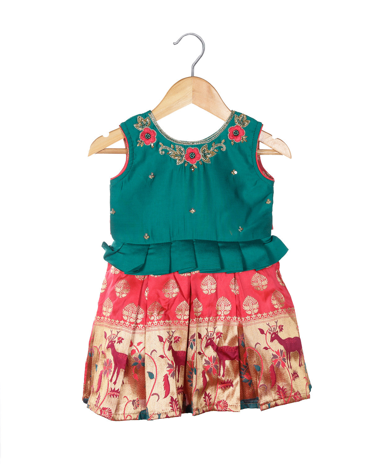 Red with ramar blue sleeveless embroidery traditional frock