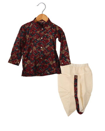 Maroon Blue Pattern Kurta Set With Pant And Dhoti