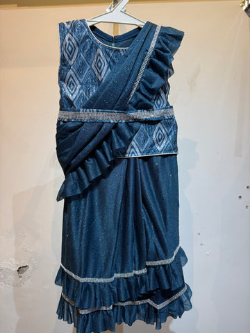 Blue saree model choli with diamond seq top