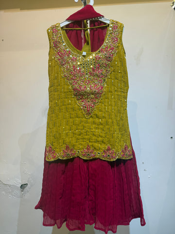 Mehandi green with pink full work sharara