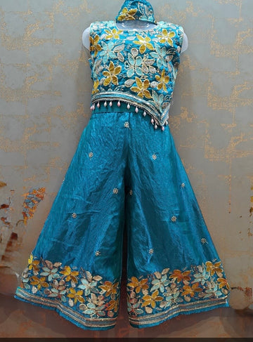 Teal blue slant top heavy palazzo suit