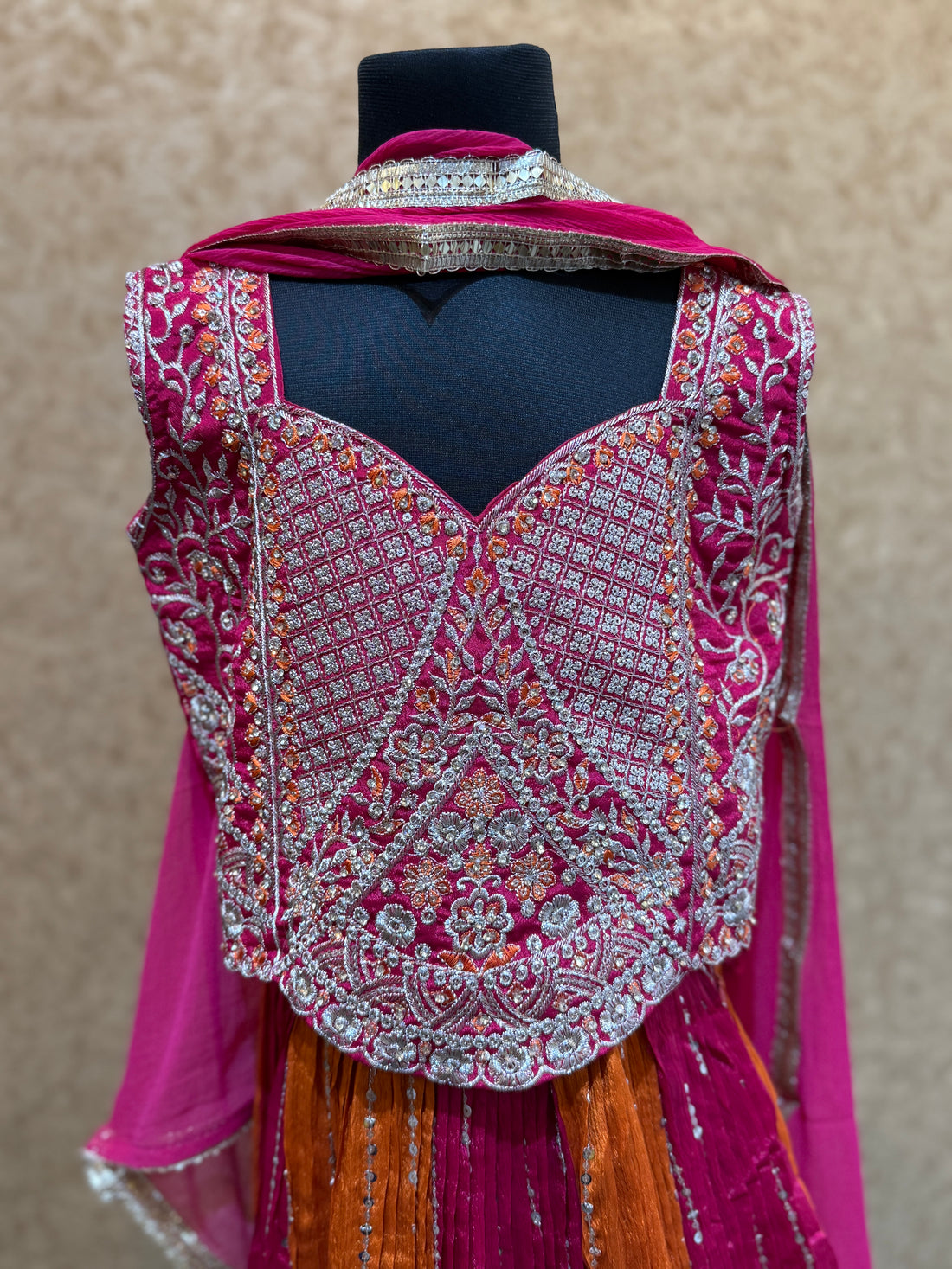 Festive designer bright orange and Pink combination Lehanga choli for girls with full work top