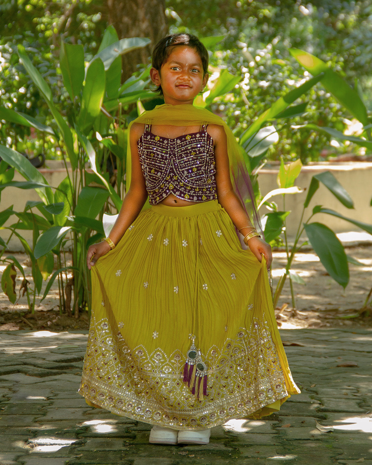 Bumblebee yellow embroidery pleated choli set with glamorous purple top for little girls