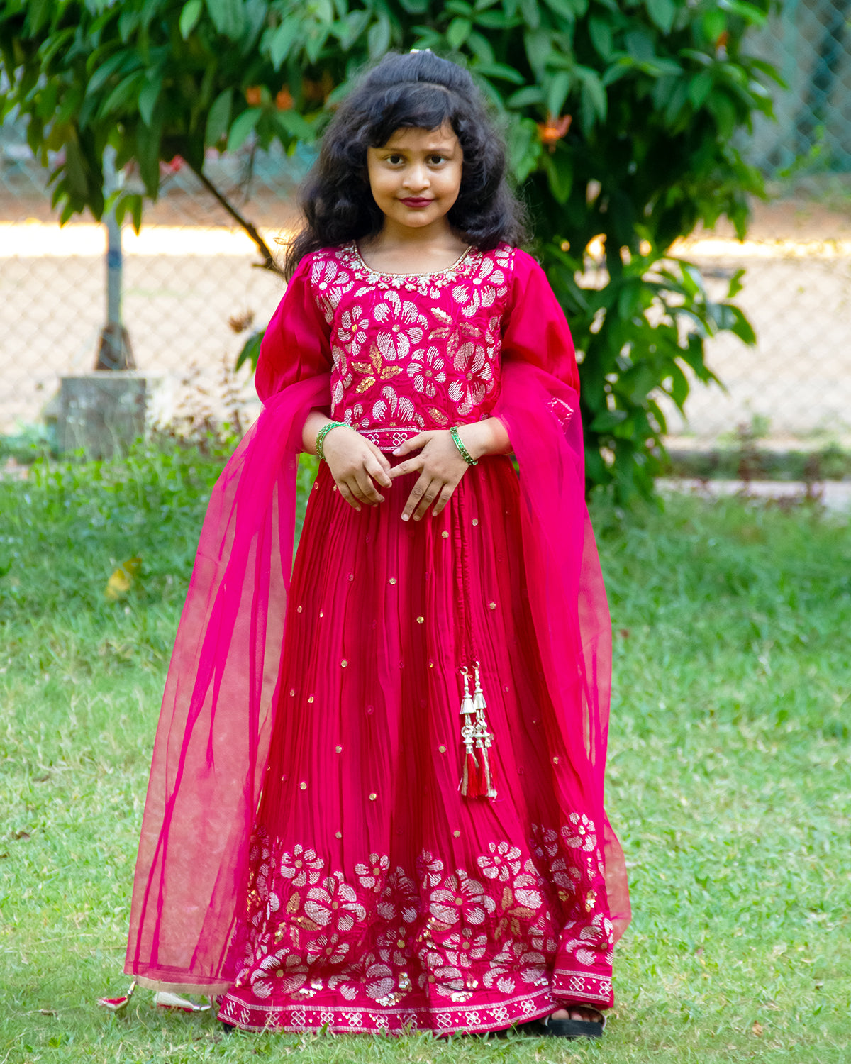 Dazzling Rani pink blossom embroidery with 3/4th sleeves crop top and matching dupatta choli set for girls