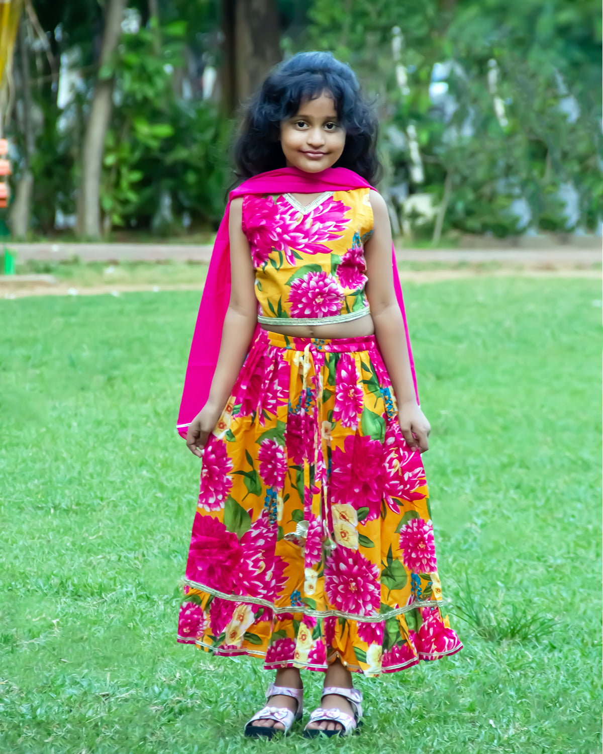 Pink blossom with yellow dye printed sleeveless cotton crop top choli set and matching dupatta for little girls