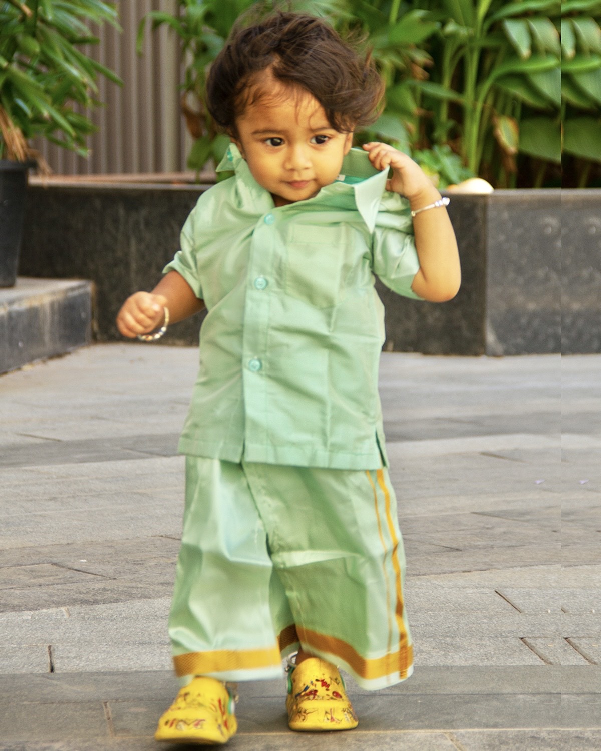 Teal green Indian traditional vesti and shirt set for little boys