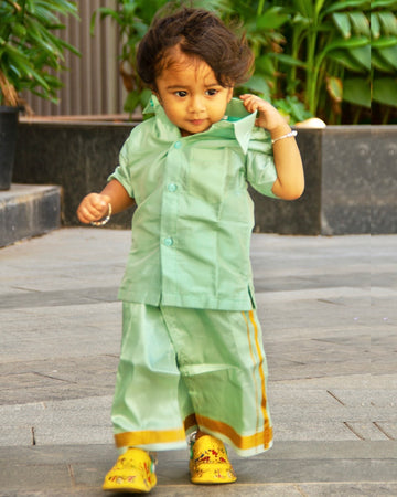 Teal green Indian traditional vesti and shirt set for little boys