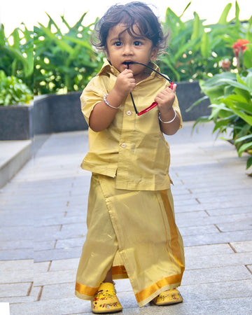 Gold Indian traditional vesti and shirt set for little boys