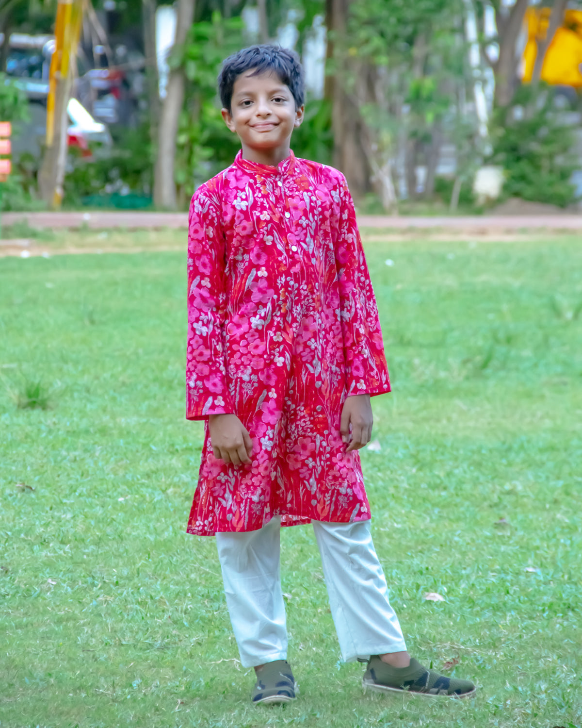 Candy apple red with pink floral cotton kurta with pant set for little boys