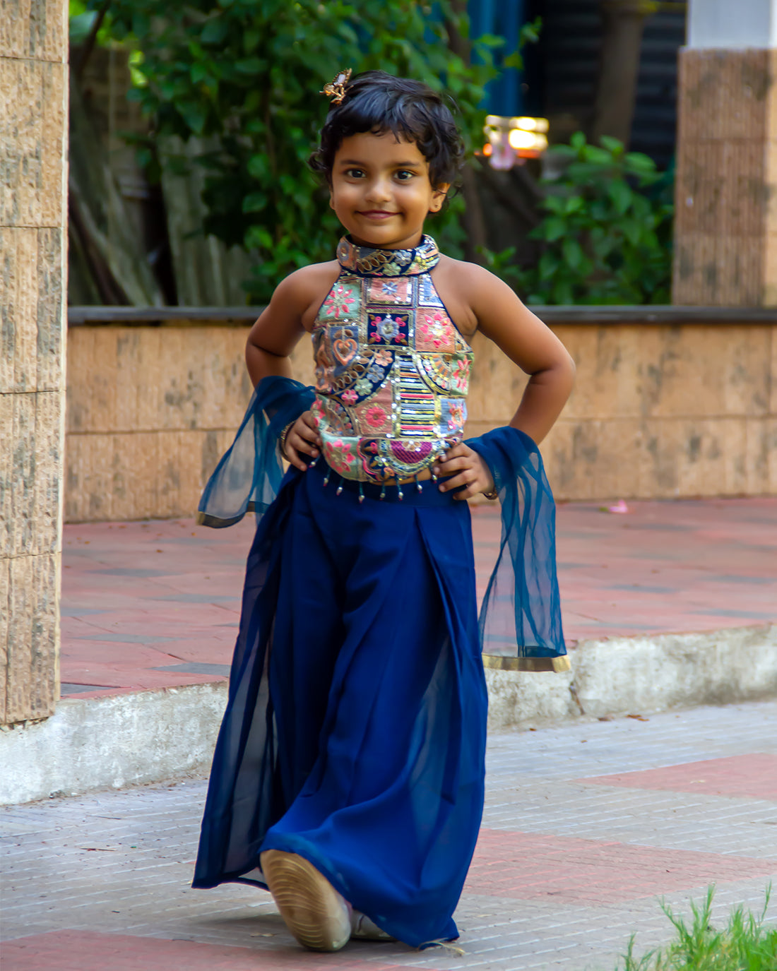 Halter neck navy blue embroidery designed crop top with palazzo set for little Fasionates.