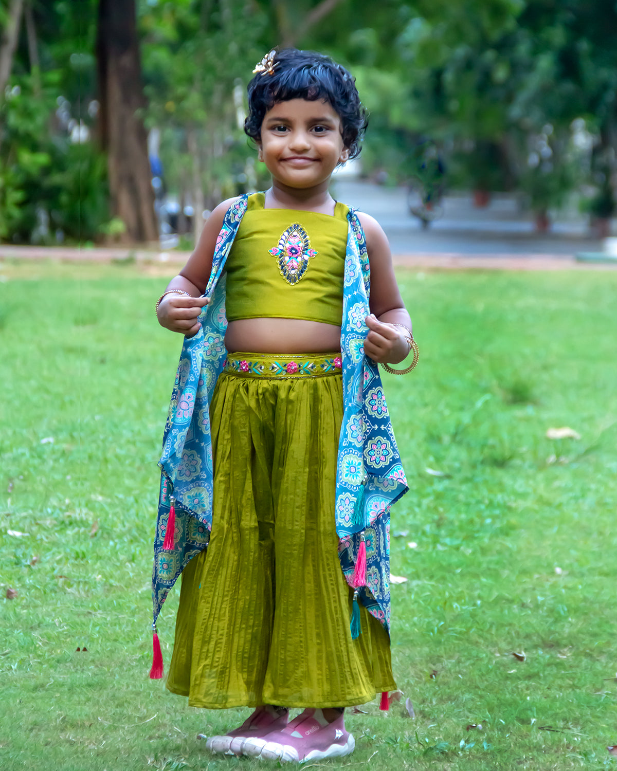 Glamorous Sheen green embroidery crop top with shrug and pleated palazzo pant for girls