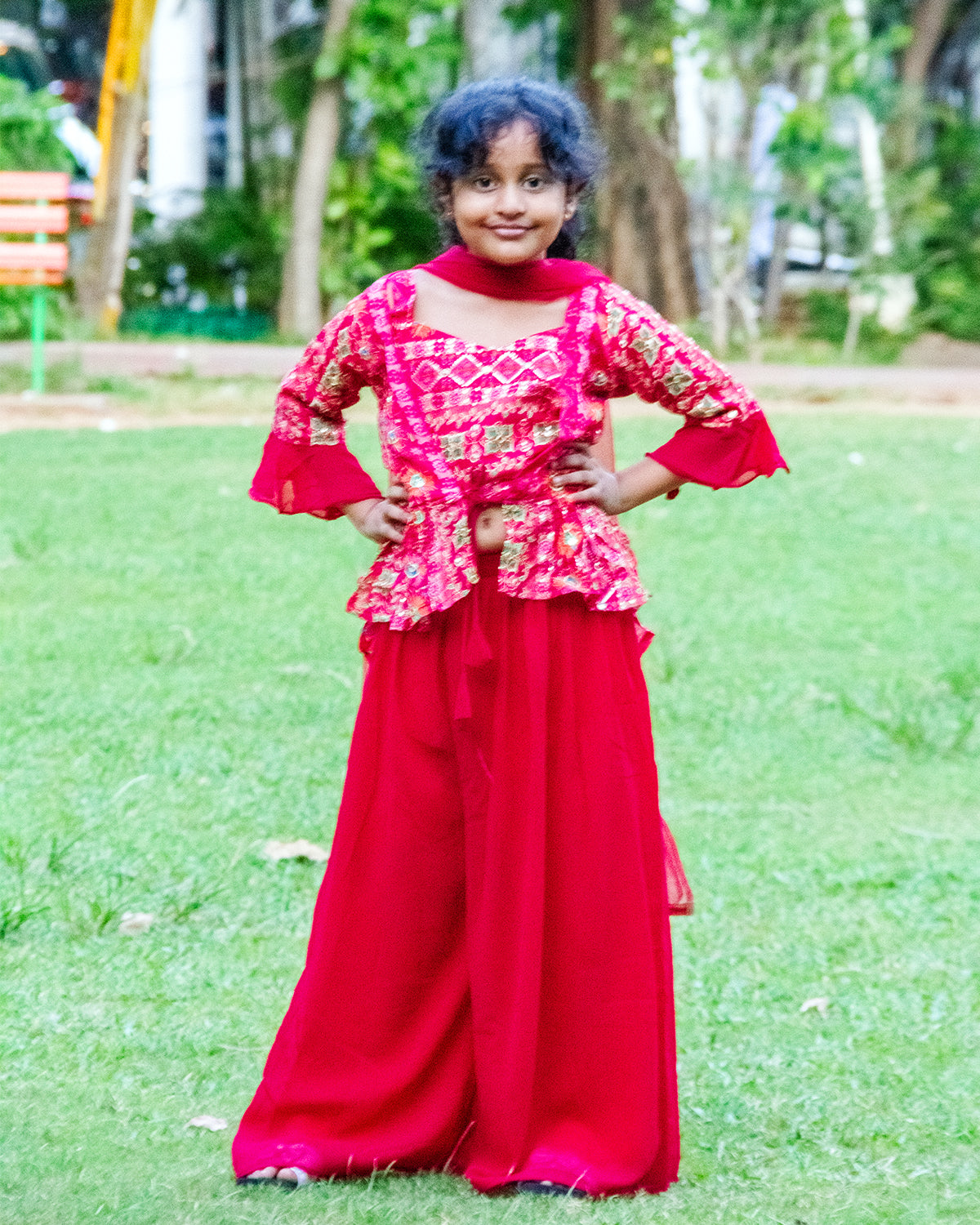 Strawberry pink embellished crop top with designer jacket set palazzo pant and matching dupatta for little girls