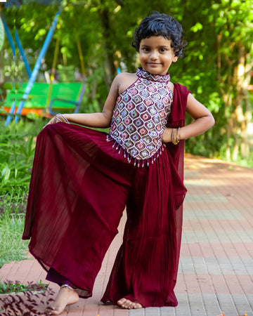 Wine halter neck sequins crop top with palazzo set and matching dupatta for little Fasionates