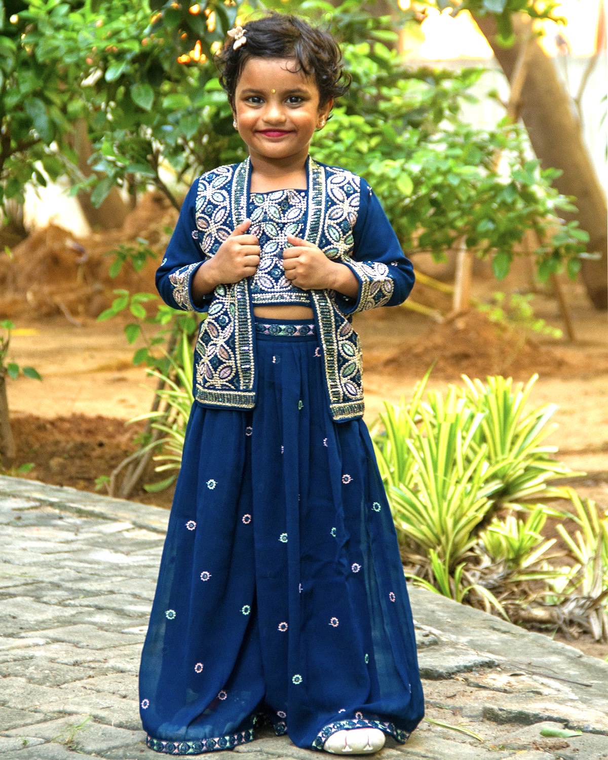 Royal blue designer crop top with palazzo pant and beautiful jacket set for little girls