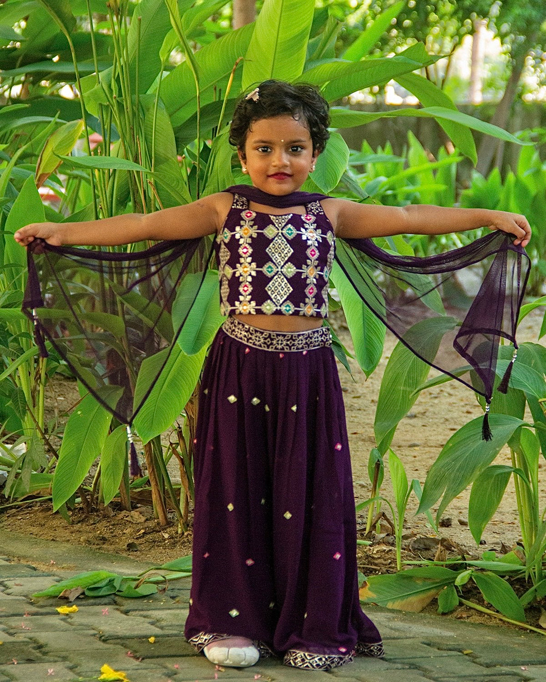 Eggplant purple sequinced crop top with designer jacket set and palazzo pant for little girls