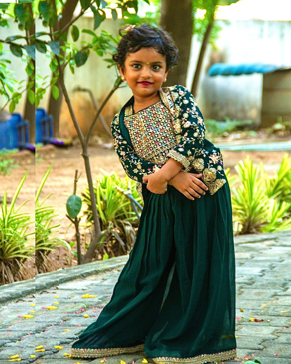 Enchanting dark green embellished crop top with designer jacket set and palazzo pant for girls