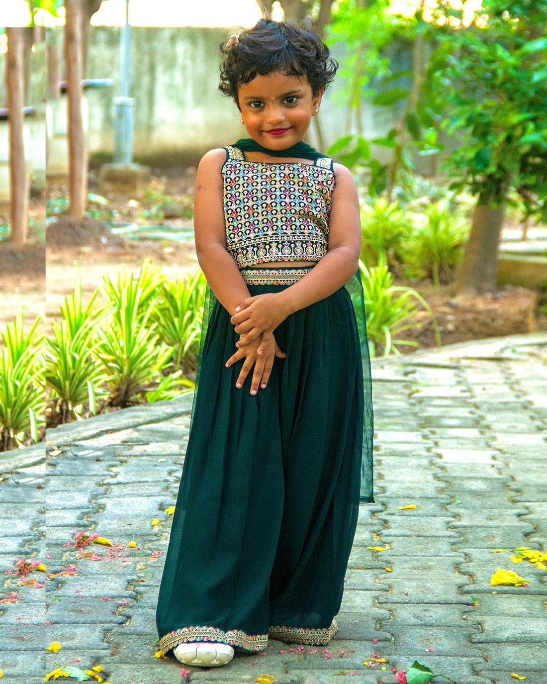 Enchanting dark green embellished crop top with designer jacket set and palazzo pant for girls