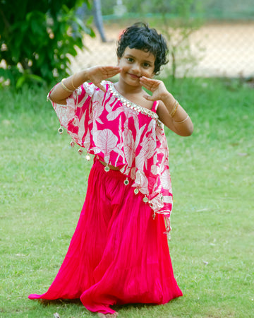 Rani pink Flowy floral one shoulder stylish top with palazzo set for little girls