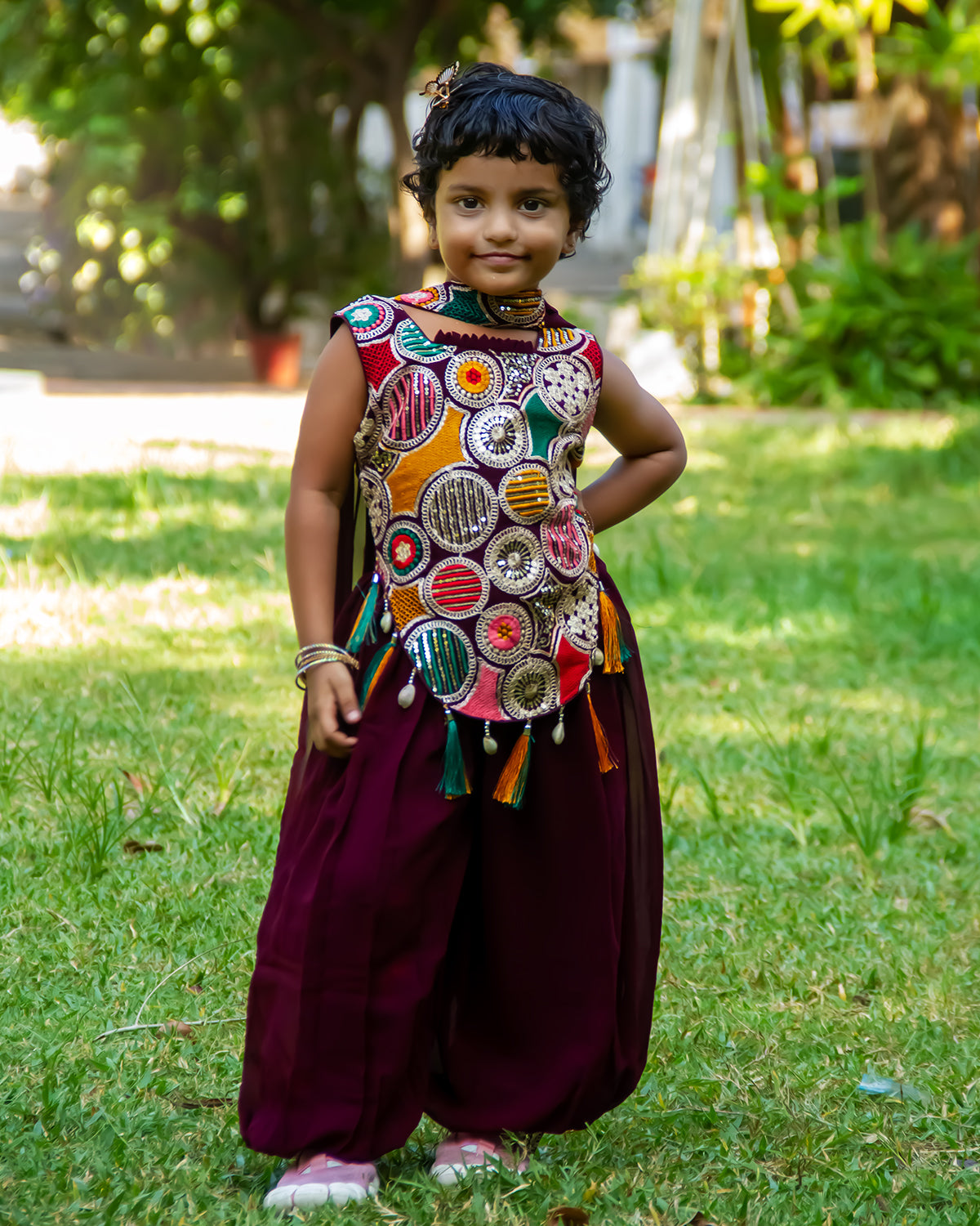 Trendy wine sequince designed sleeveless top with haram pant set and matching dupatta set for little girls