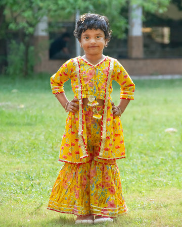 Sunshine yellow and pink floral stylish cotton crop top palazzo pant with attached shrug for girls