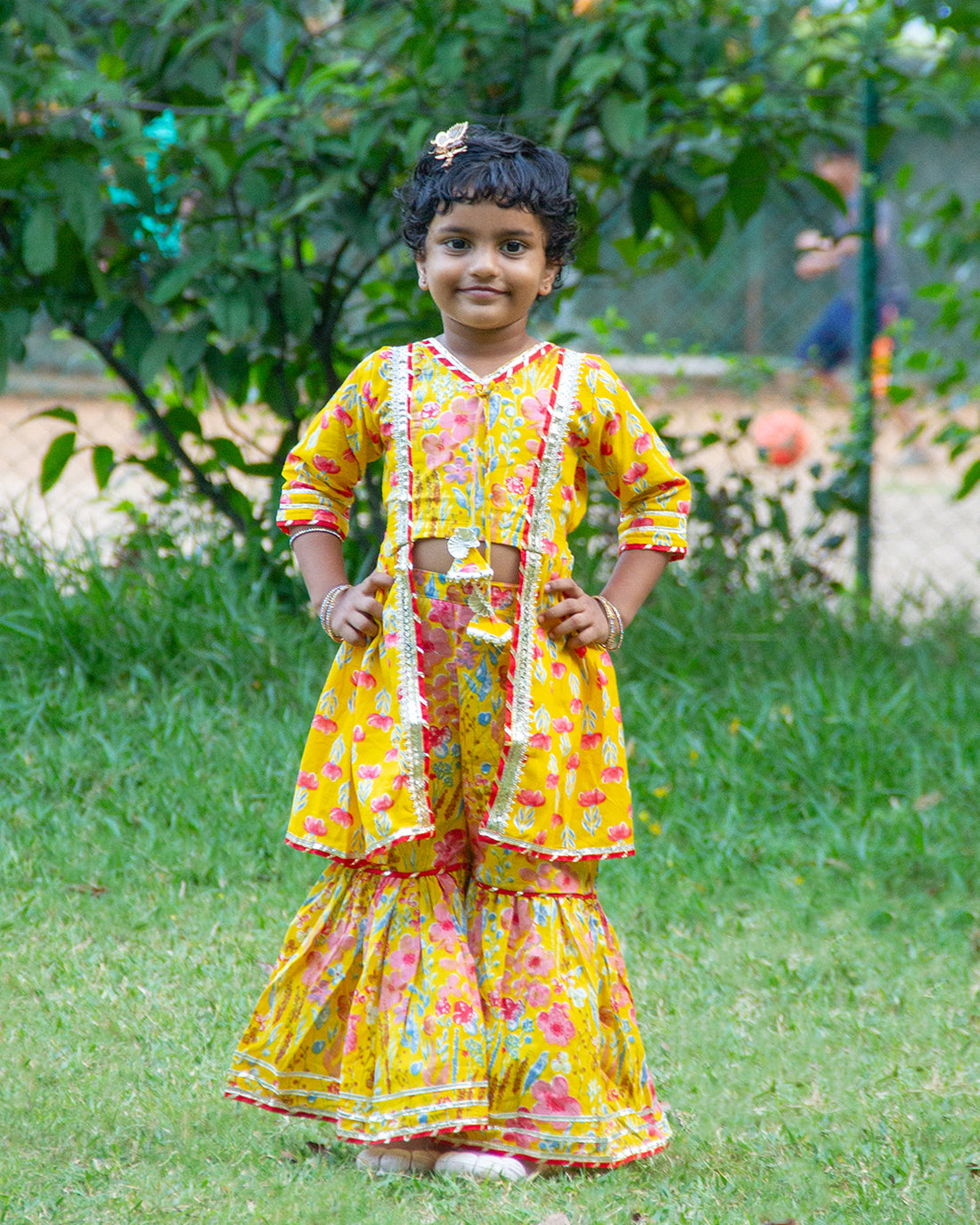 Sunshine yellow and pink floral stylish cotton crop top palazzo pant with attached shrug for girls