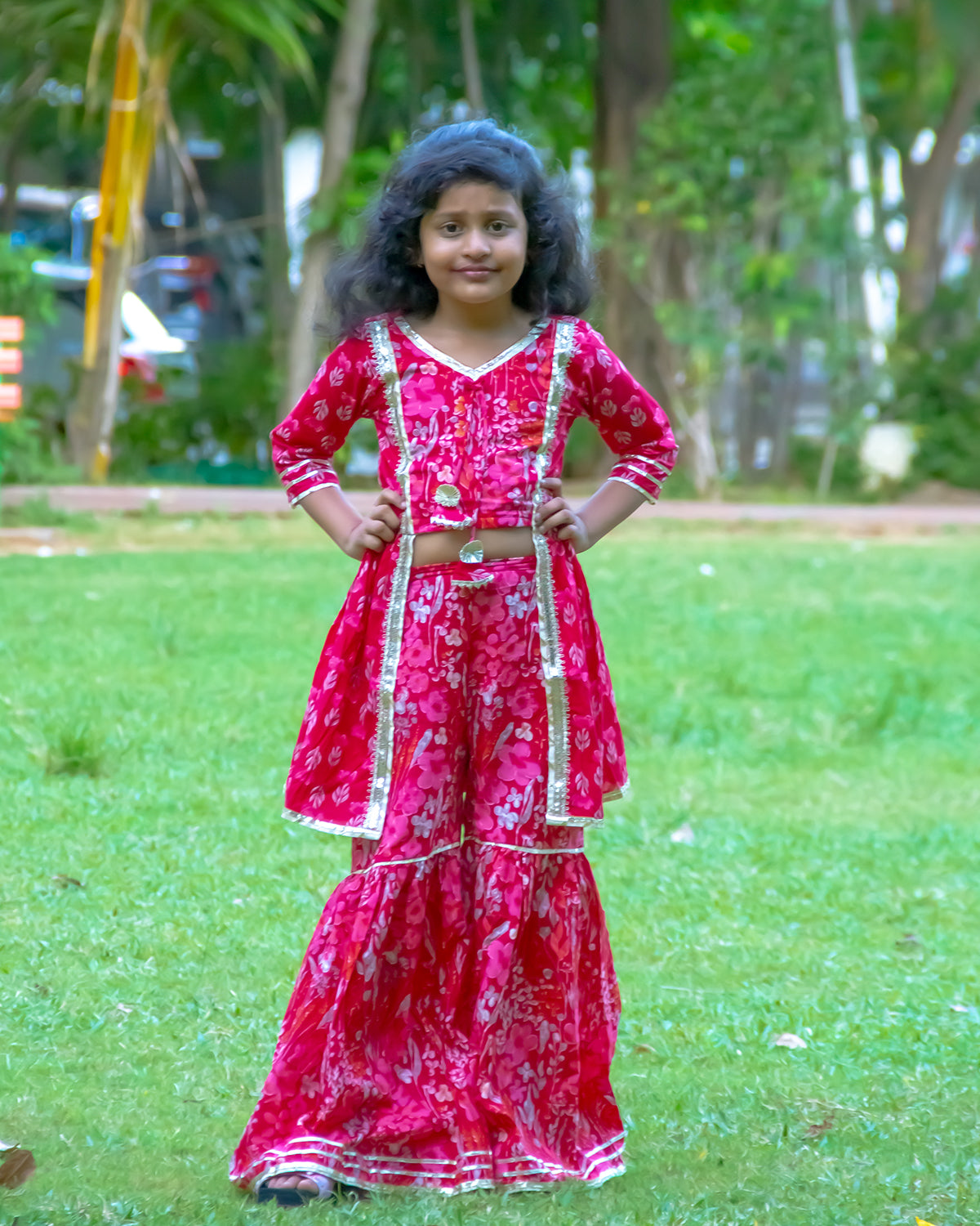 Candy apple red and pink floral stylish cotton crop top palazzo pant with attached shrug for girls