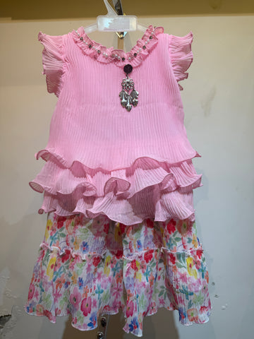Baby pink solid top with floral skirt