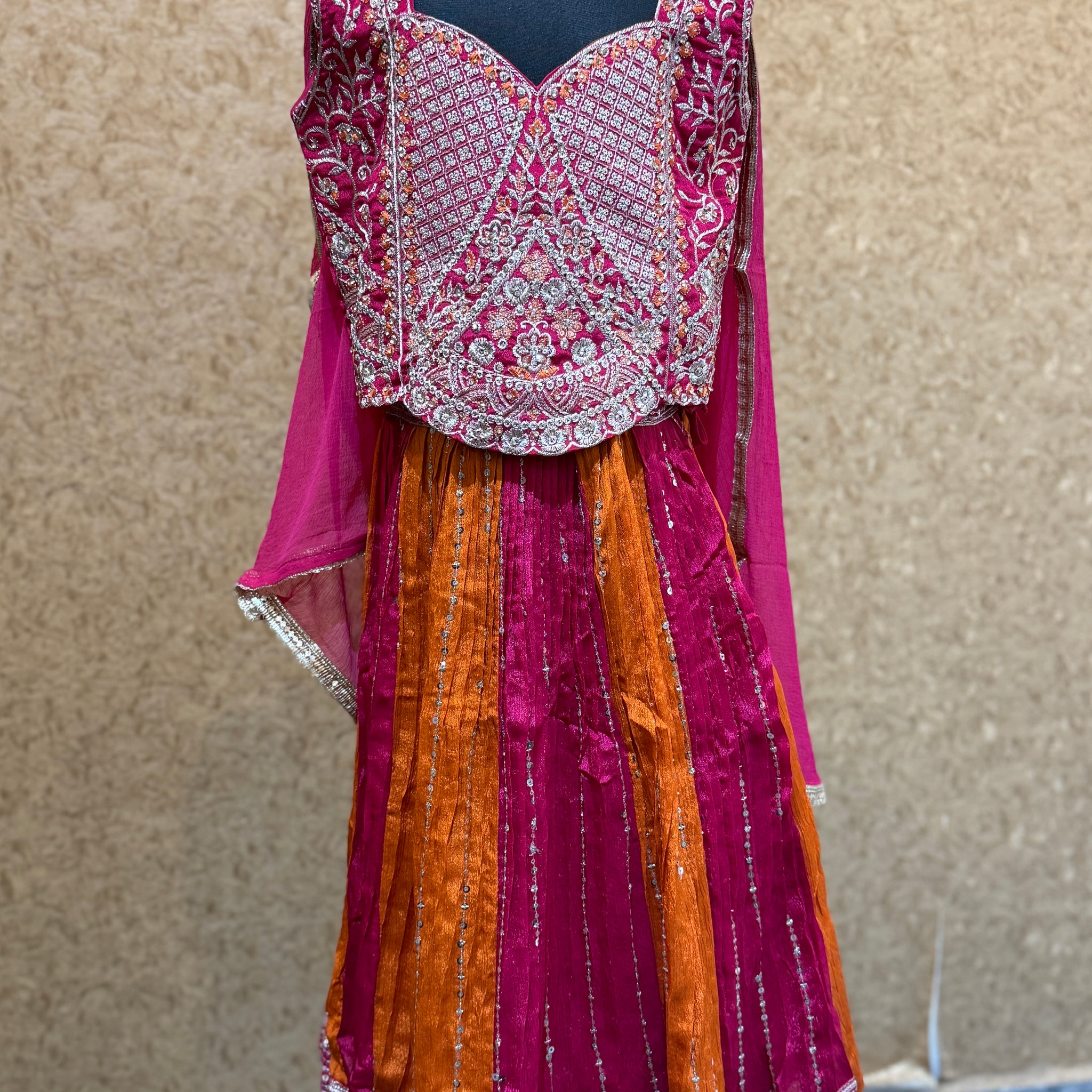 Festive designer bright orange and Pink combination Lehanga choli for girls with full work top