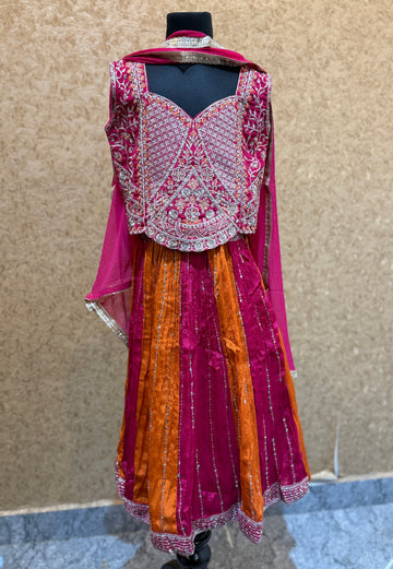 Festive designer bright orange and Pink combination Lehanga choli for girls with full work top