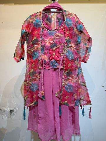 Pink floral organza shrug and top palazzo suit