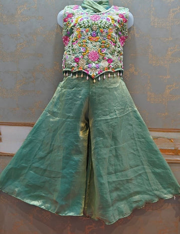 Pine Green Organza palazzo set with full embroidery blouse