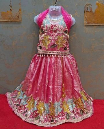 Glossy pink Fendi organza floral border elite choli