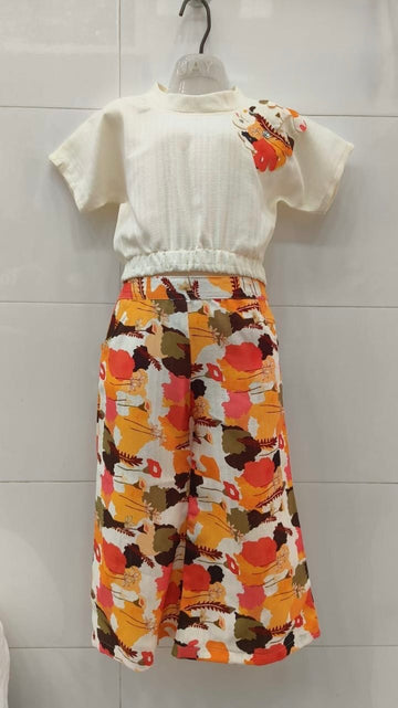 Retro theme Off white top with multi color pant