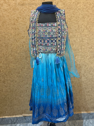 Royal blue festive choli with mid length shrug