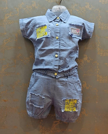 Light blue denim yellow patch shorts and top
