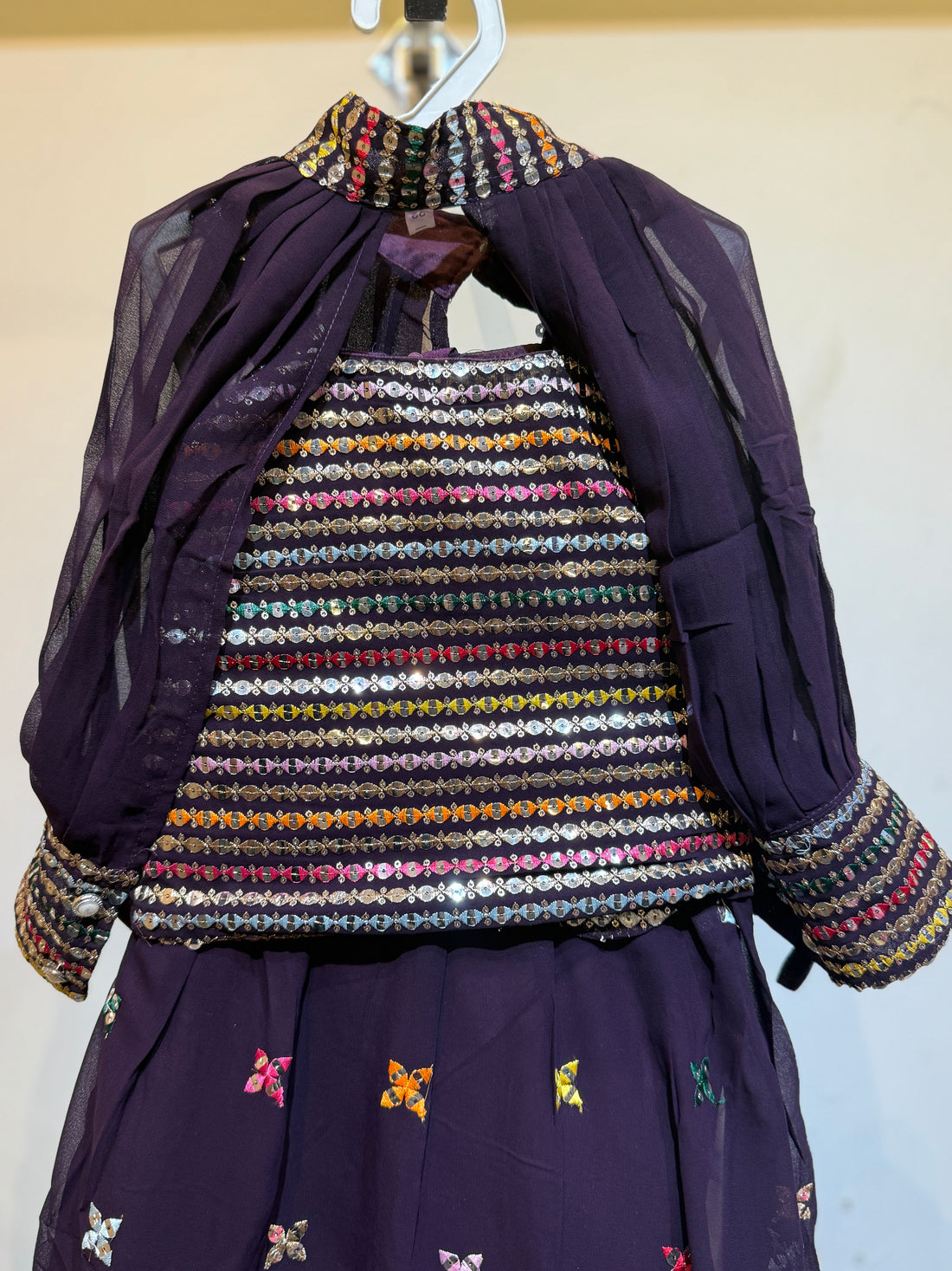 Bright wine full foil sequence work poncho choli with pocket in hip