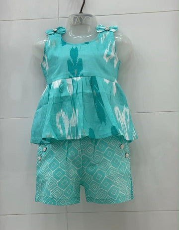Blue Pure cotton ikkat top and shorts