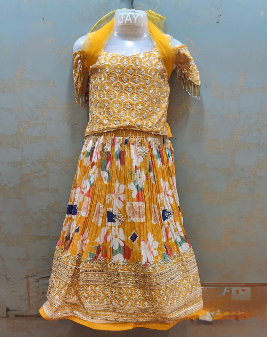 Yellow Embroidery designer tassel work lehanga
