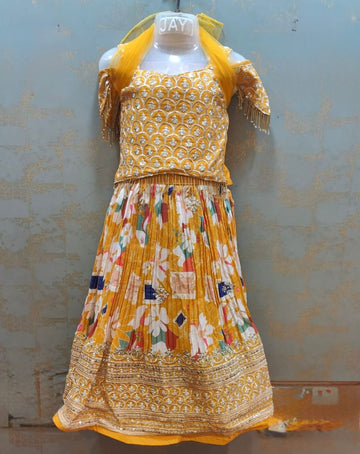 Yellow Embroidery designer tassel work lehanga