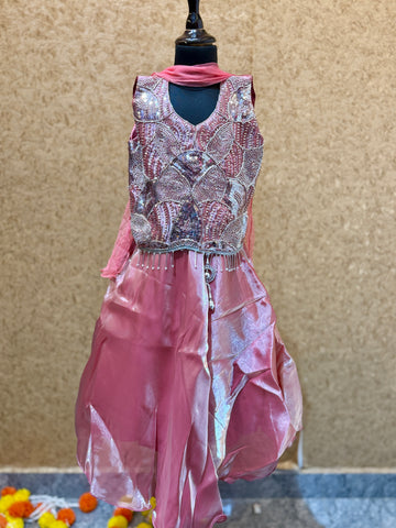 Peach shrug model Palazzo set with heavy mirror and stone work top