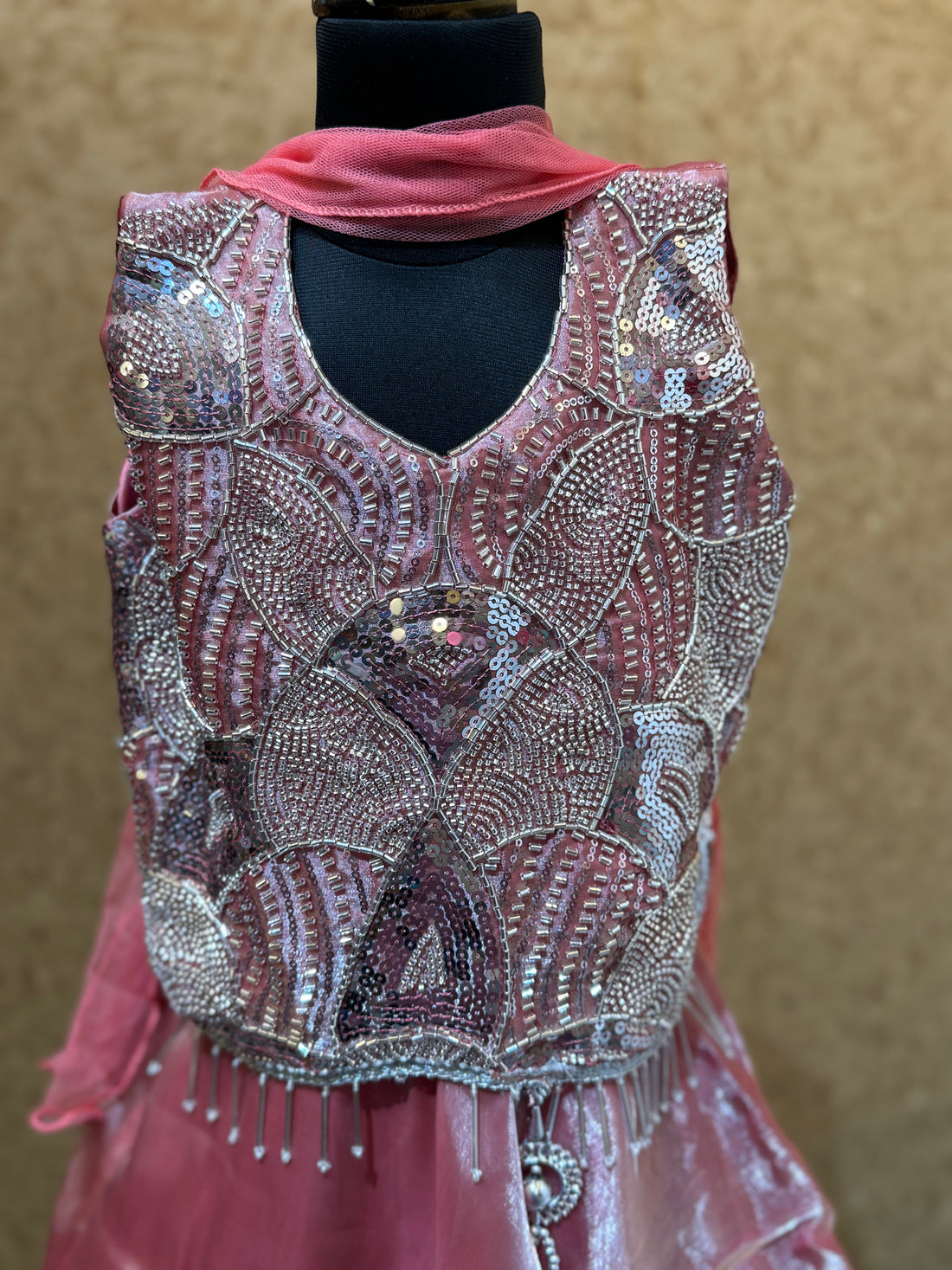 Peach shrug model Palazzo set with heavy mirror and stone work top