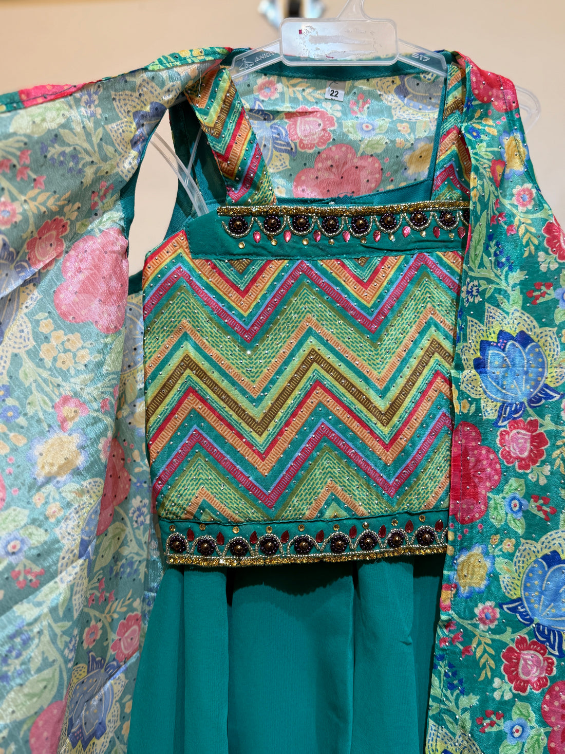 Green flowy shrug with zig zag crop top and palazzo set