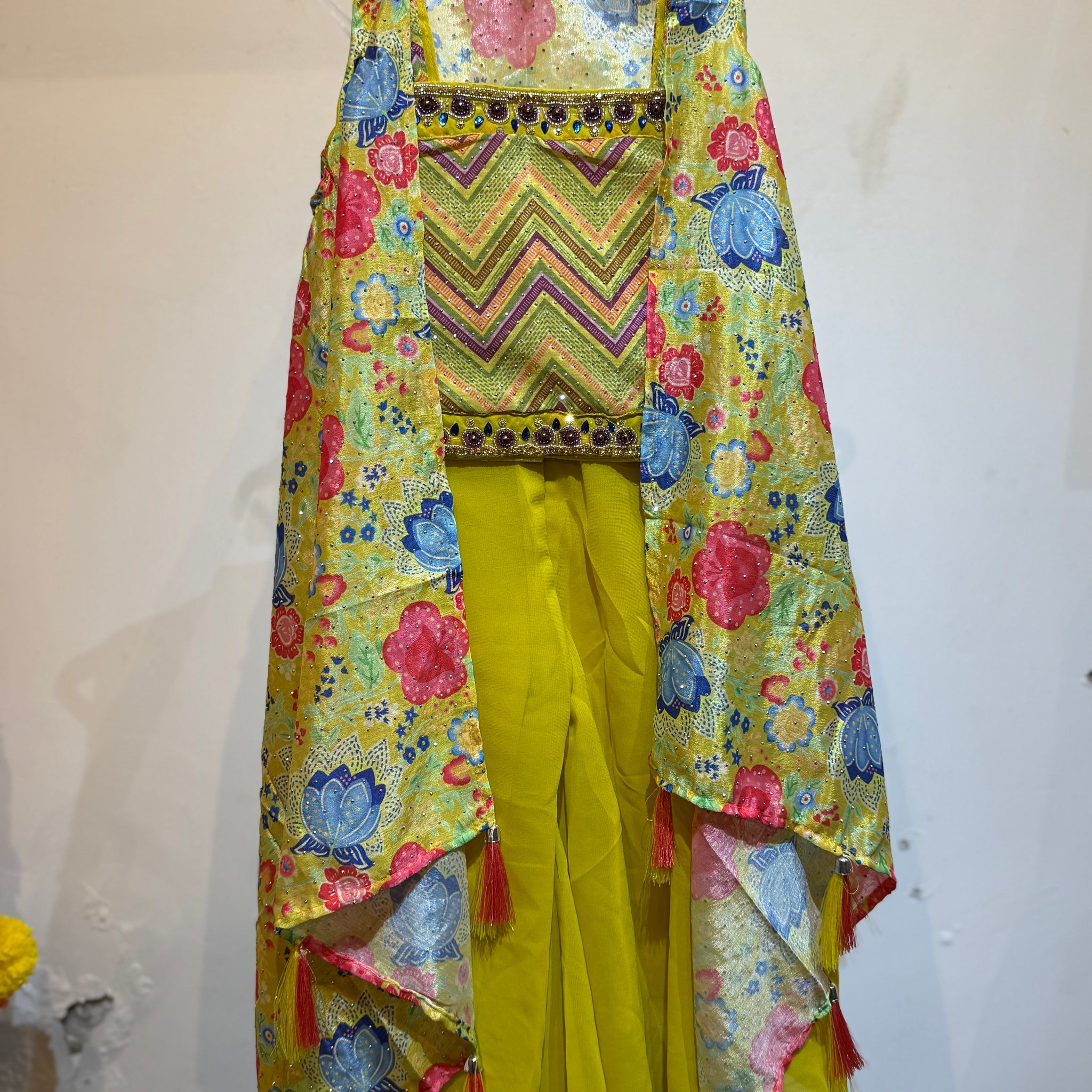 Yellow flowy shrug with zig zag crop top and palazzo set