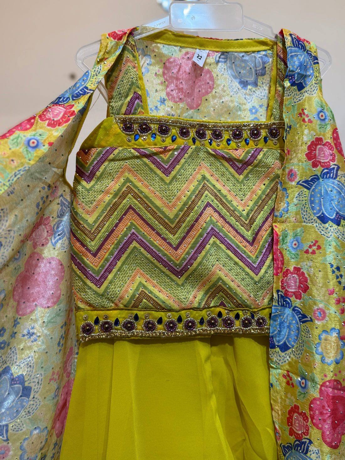 Yellow flowy shrug with zig zag crop top and palazzo set