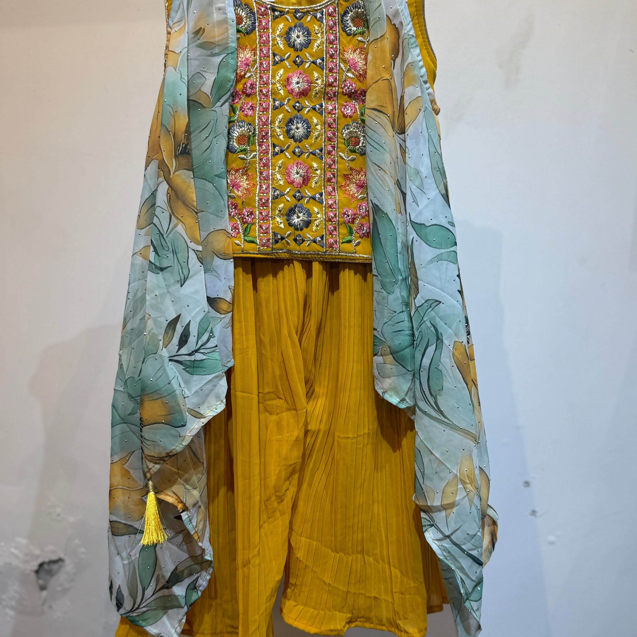 Yellow flowy shrug with blossom flower embroidered crop top and palazzo set