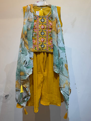Yellow flowy shrug with blossom flower embroidered crop top and palazzo set